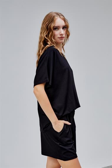 Kadın Bisiklet Yaka Kısa Kollu Şort Tişört İkili Takım 