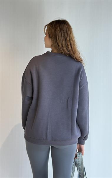 Kadın Bisiklet Yaka Nakış Baskı Detaylı Uzun Kollu Oversize Sweatshirt - Füme