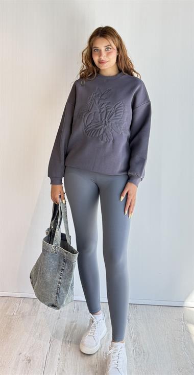 Kadın Bisiklet Yaka Nakış Baskı Detaylı Uzun Kollu Oversize Sweatshirt - Füme