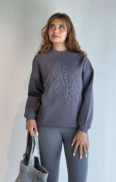 Kadın Bisiklet Yaka Nakış Baskı Detaylı Uzun Kollu Oversize Sweatshirt - Füme