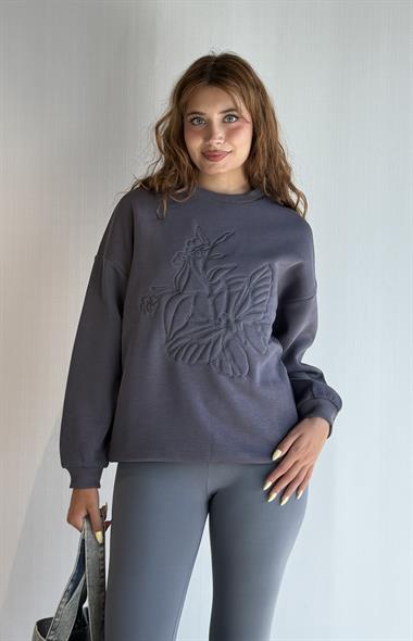 Kadın Bisiklet Yaka Nakış Baskı Detaylı Uzun Kollu Oversize Sweatshirt - Füme