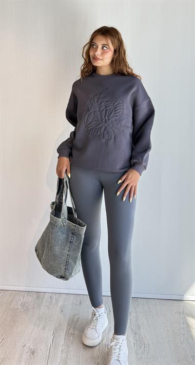 Kadın Bisiklet Yaka Nakış Baskı Detaylı Uzun Kollu Oversize Sweatshirt - Füme