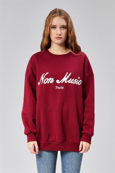 Kadın Bisiklet Yaka Nakış Baskılı Uzun Kollu Oversize Kırmızı Sweatshirt