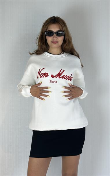 Kadın Bisiklet Yaka Nakış Baskılı Uzun Kollu Oversize Ekru Sweatshirt