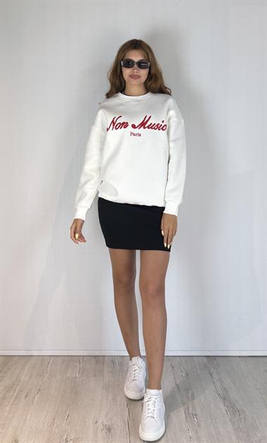 Kadın Bisiklet Yaka Nakış Baskılı Uzun Kollu Oversize Ekru Sweatshirt