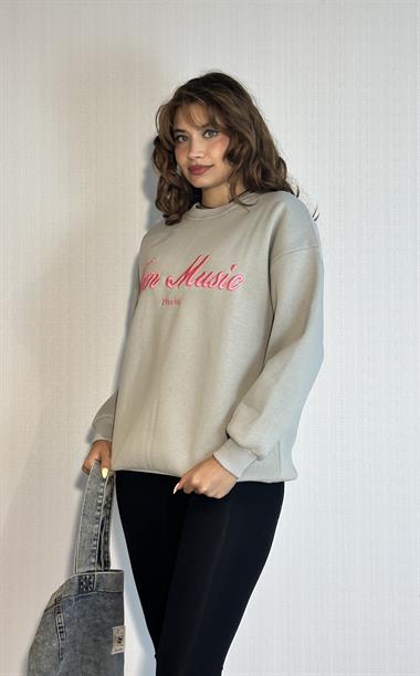 Kadın Bisiklet Yaka Nakış Baskılı Uzun Kollu Oversize Mint Sweatshirt