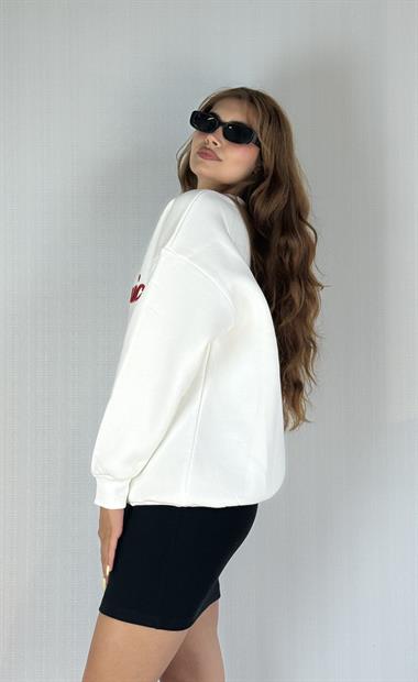 Kadın Bisiklet Yaka Nakış Baskılı Uzun Kollu Oversize Ekru Sweatshirt