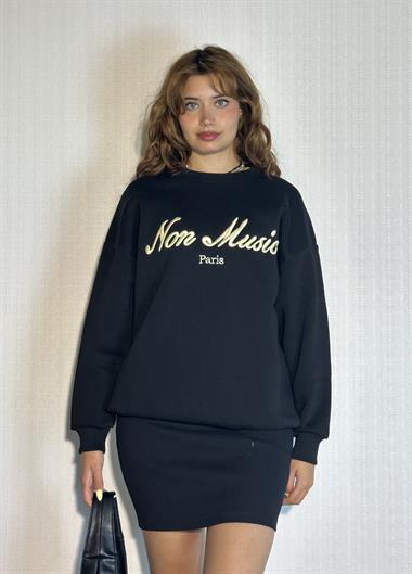 Kadın Bisiklet Yaka Nakış Baskılı Uzun Kollu Oversize Siyah Sweatshirt
