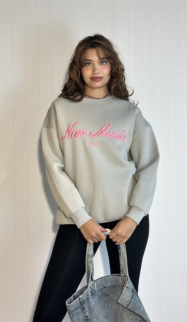 Kadın Bisiklet Yaka Nakış Baskılı Uzun Kollu Oversize Mint Sweatshirt