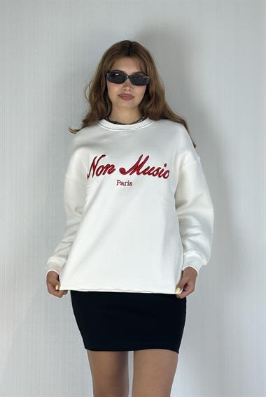 Kadın Bisiklet Yaka Nakış Baskılı Uzun Kollu Oversize Ekru Sweatshirt