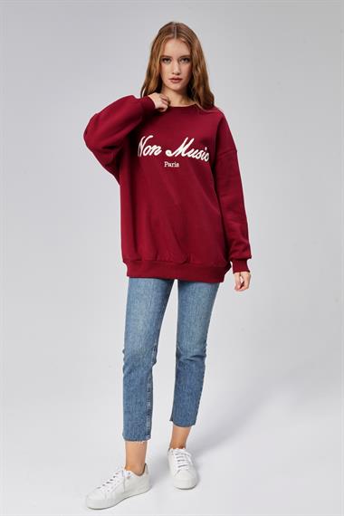 Kadın Bisiklet Yaka Nakış Baskılı Uzun Kollu Oversize Kırmızı Sweatshirt