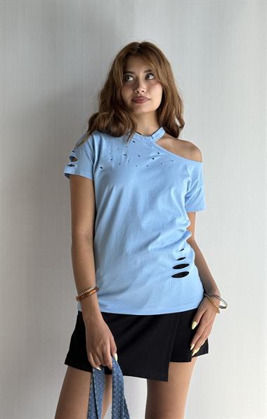 Kadın Bisiklet Yaka Omuz Dekolteli Yırtık Detaylı Basic Mavi Tişört