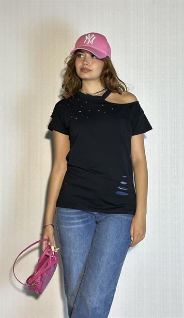 Kadın Bisiklet Yaka Omuz Dekolteli Yırtık Detaylı Basic Siyah Tişört