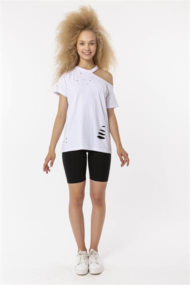 Kadın Bisiklet Yaka Omuz Dekolteli Yırtık Detaylı Basic Beyaz Tişört