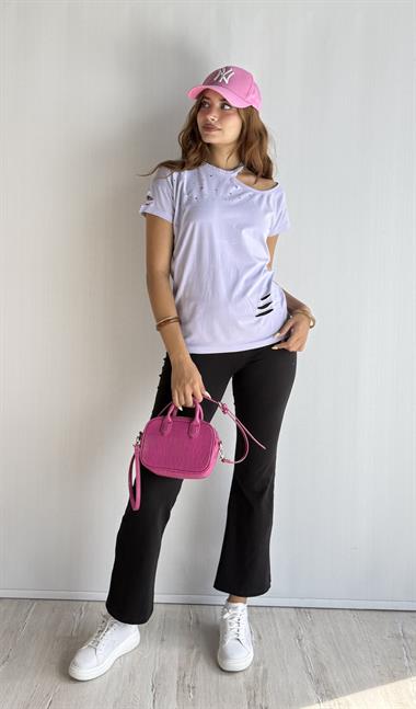 Kadın Bisiklet Yaka Omuz Dekolteli Yırtık Detaylı Basic Lila Tişört