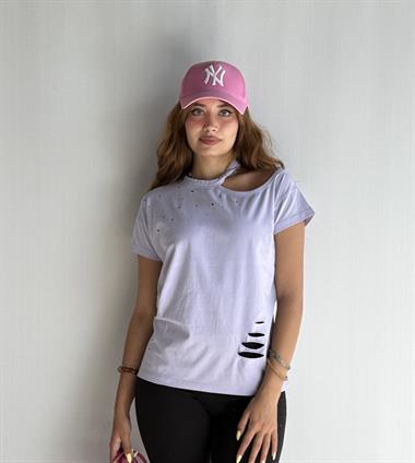 Kadın Bisiklet Yaka Omuz Dekolteli Yırtık Detaylı Basic Lila Tişört