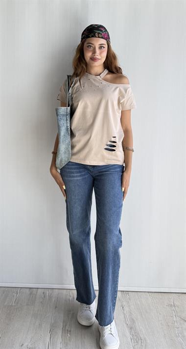 Kadın Bisiklet Yaka Omuz Dekolteli Yırtık Detaylı Basic Bej Tişört