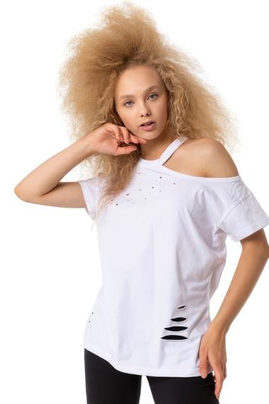 Kadın Bisiklet Yaka Omuz Dekolteli Yırtık Detaylı Basic Beyaz Tişört