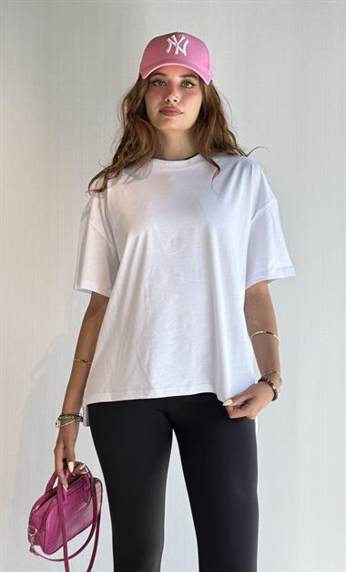 Kadın Bisiklet Yaka Pamuklu Oversize Düz Basic Beyaz Tişört