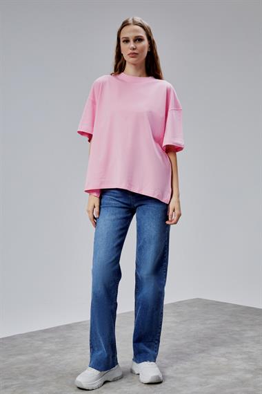 Kadın Bisiklet Yaka Pamuklu Oversize Düz Basic Pembe Tişört
