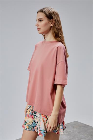Kadın Bisiklet Yaka Pamuklu Oversize Düz Basic Pudra Tişört 