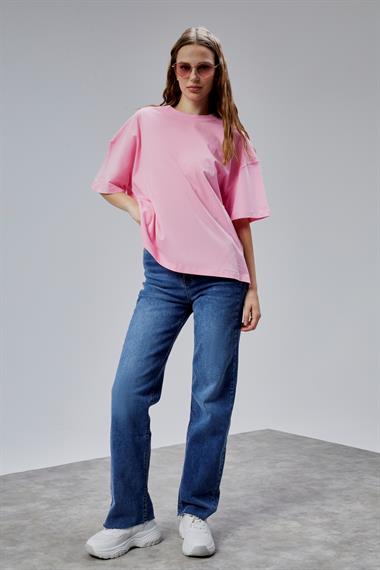 Kadın Bisiklet Yaka Pamuklu Oversize Düz Basic Pembe Tişört
