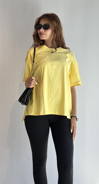 Kadın Bisiklet Yaka Pamuklu Oversize Düz Basic Sarı Tişört 