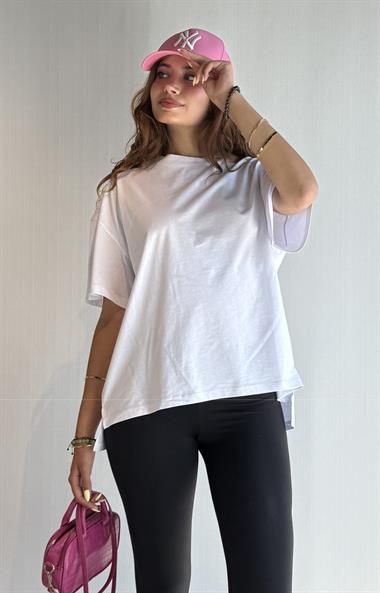 Kadın Bisiklet Yaka Pamuklu Oversize Düz Basic Beyaz Tişört