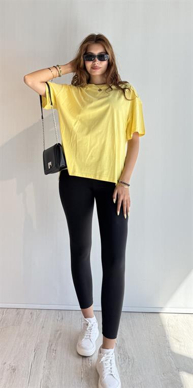 Kadın Bisiklet Yaka Pamuklu Oversize Düz Basic Sarı Tişört 