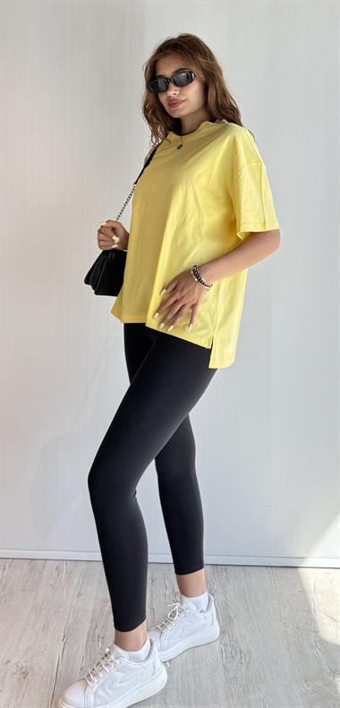 Kadın Bisiklet Yaka Pamuklu Oversize Düz Basic Sarı Tişört 
