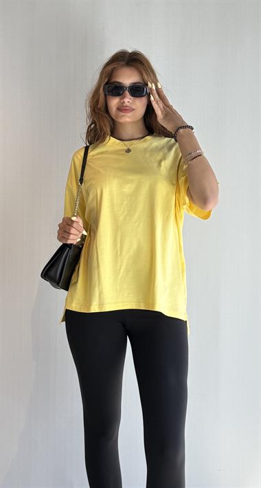 Kadın Bisiklet Yaka Pamuklu Oversize Düz Basic Sarı Tişört 