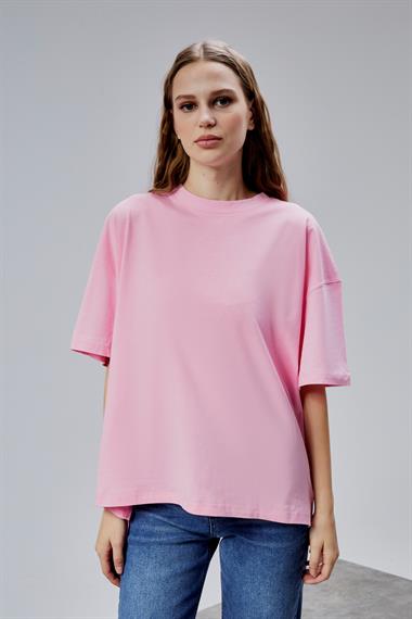 Kadın Bisiklet Yaka Pamuklu Oversize Düz Basic Pembe Tişört