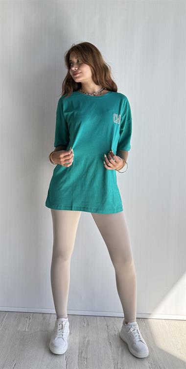Kadın Bisiklet Yaka Sırt Nakış Detaylı Oversize Mint Tişört