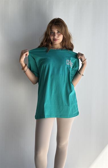 Kadın Bisiklet Yaka Sırt Nakış Detaylı Oversize Mint Tişört