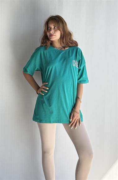 Kadın Bisiklet Yaka Sırt Nakış Detaylı Oversize Mint Tişört