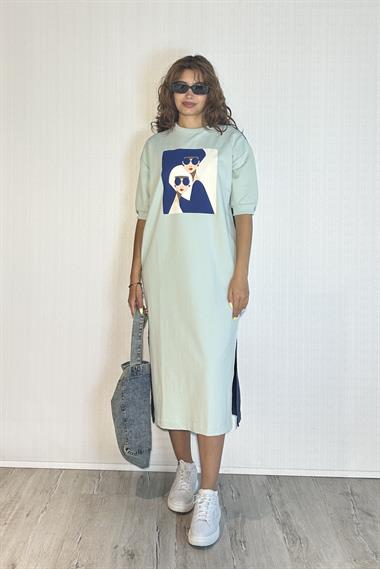 Kadın Bisiklet Yaka Truvakar Kol Bakılı Midi Boy Sweat Elbise