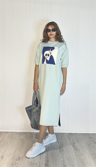 Kadın Bisiklet Yaka Truvakar Kol Bakılı Midi Boy Sweat Elbise