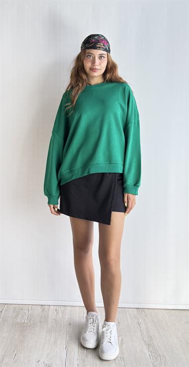 Kadın Bisiklet Yaka Üç İplikli Uzun Kollu Oversize Basic Haki Sweatshirt 