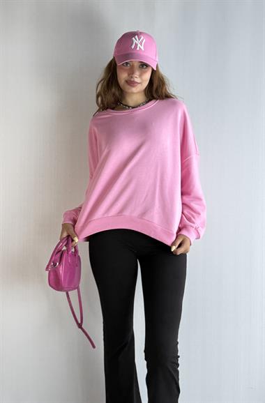 Kadın Bisiklet Yaka Üç İplikli Uzun Kollu Oversize Basic Pembe Sweatshirt 
