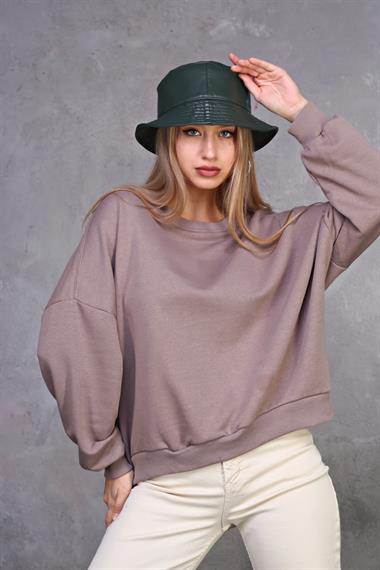 Kadın Bisiklet Yaka Üç İplikli Uzun Kollu  Oversize Basic Vizon Sweatshirt 