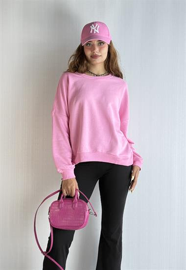 Kadın Bisiklet Yaka Üç İplikli Uzun Kollu Oversize Basic Pembe Sweatshirt 