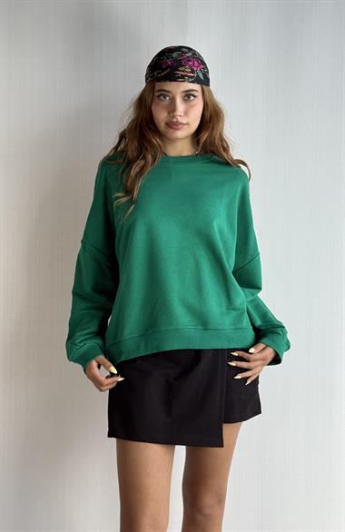 Kadın Bisiklet Yaka Üç İplikli Uzun Kollu Oversize Basic Haki Sweatshirt 
