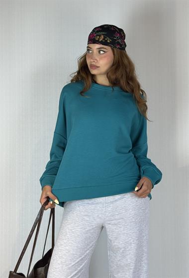 Kadın Bisiklet Yaka Üç İplikli Uzun Kollu  Oversize Basic Mint Sweatshirt 