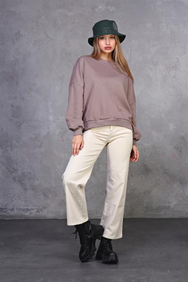 Kadın Bisiklet Yaka Üç İplikli Uzun Kollu  Oversize Basic Vizon Sweatshirt 