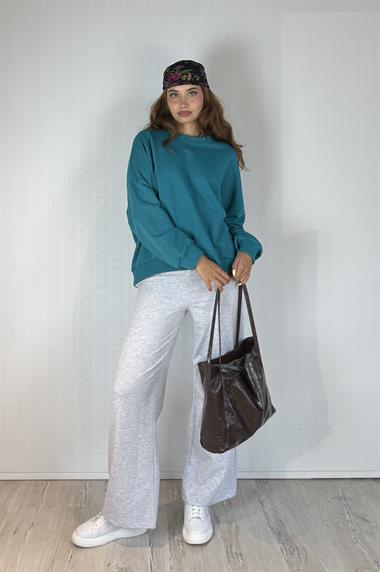 Kadın Bisiklet Yaka Üç İplikli Uzun Kollu  Oversize Basic Mint Sweatshirt 