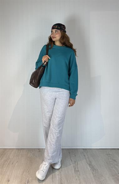 Kadın Bisiklet Yaka Üç İplikli Uzun Kollu  Oversize Basic Mint Sweatshirt 