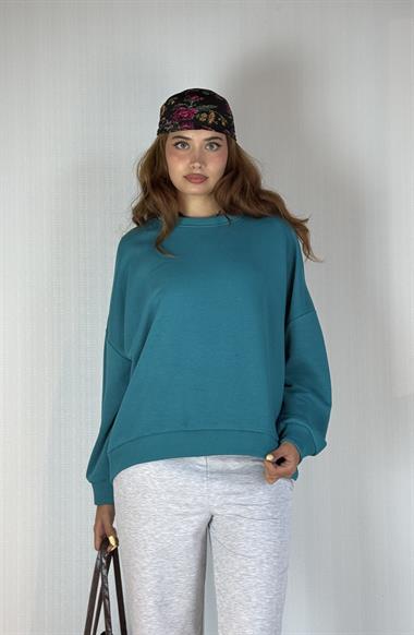 Kadın Bisiklet Yaka Üç İplikli Uzun Kollu  Oversize Basic Mint Sweatshirt 