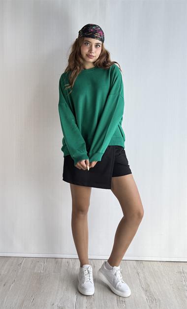Kadın Bisiklet Yaka Üç İplikli Uzun Kollu Oversize Basic Haki Sweatshirt 