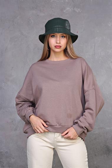 Kadın Bisiklet Yaka Üç İplikli Uzun Kollu  Oversize Basic Vizon Sweatshirt 