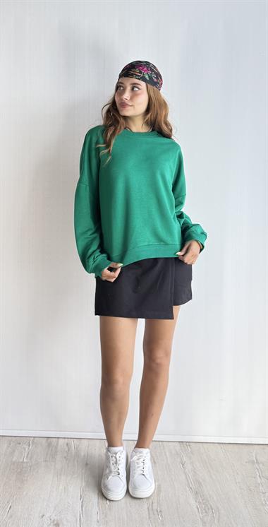 Kadın Bisiklet Yaka Üç İplikli Uzun Kollu Oversize Basic Haki Sweatshirt 